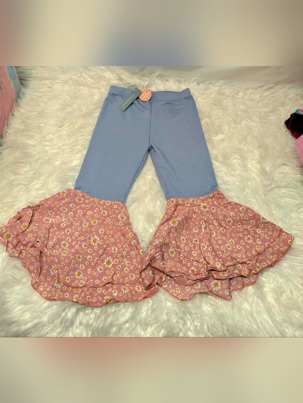 Nwt Girls Lavender Leggings with Pink Floral Ruffle Hem Flare Bell Bottoms